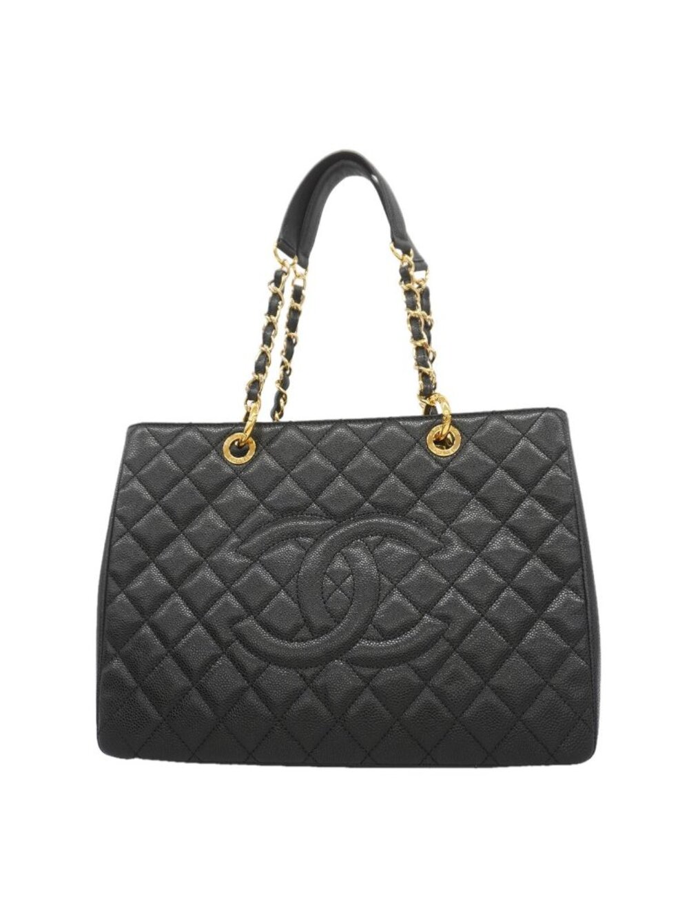 Chanel Chain Tote Bag Quilted Caviar Leather Black Gold